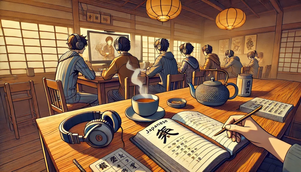 Learners in a cozy Japanese café wearing headphones, listening to a podcast, with a TV playing a scene and a kanji notebook open—showing how to improve Japanese listening skills fast.