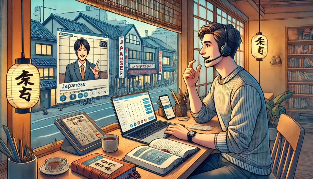 A motivated learner practicing Japanese on a laptop via a video call with a tutor, with a smartphone showing a language app and a Tokyo street outside, illustrating how to learn to speak Japanese as a beginner.