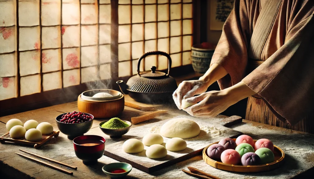 A serene kitchen setting with hands carefully stretching fresh mochi dough on a flour-dusted surface. Colorful mochi balls with sweet red bean paste and matcha fillings rest on a wooden tray, complemented by a steaming cup of tea and soft natural lighting.