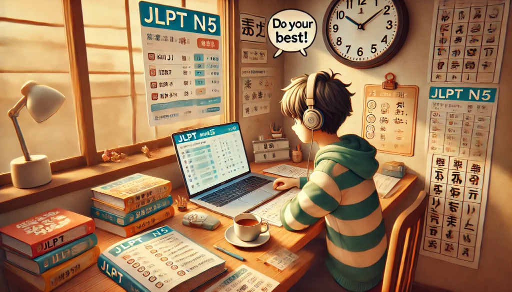 A determined student studies for the JLPT N5 exam with kanji and vocabulary checklists, a practice test on a laptop, and a motivational note, illustrating how to prepare for the JLPT N5 exam step by step.