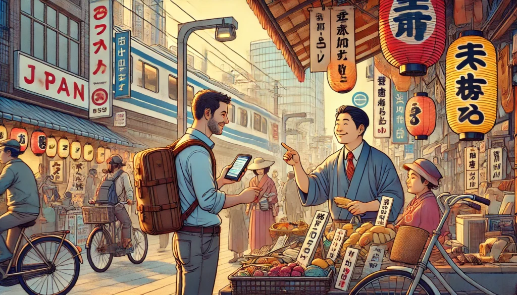 A bustling Japanese street scene where a foreign traveler interacts with a local vendor using a phrasebook or translation app, illustrating how to survive in Japan with basic Japanese.