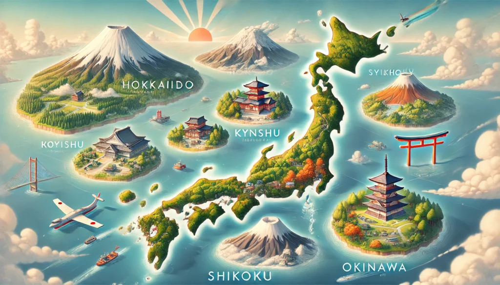 A stunning illustrated map of Japan’s five main islands, showcasing Hokkaidō’s snowy mountains, Honshū’s traditional temples, Kyūshū’s volcanoes, Shikoku’s pilgrimage routes, and Okinawa’s tropical beaches.