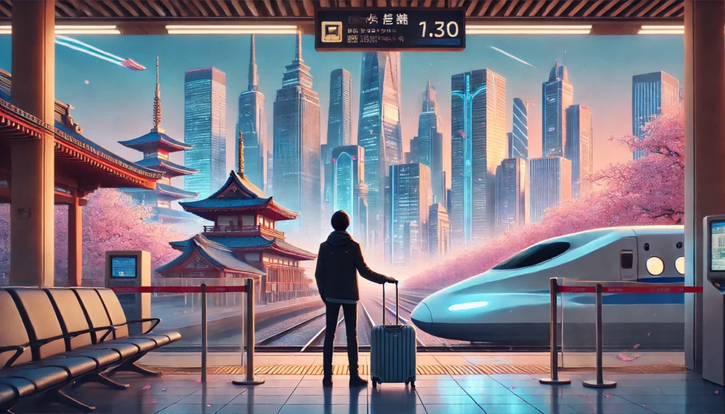 A traveler at a futuristic Japanese airport, looking out at a skyline with neon-lit skyscrapers and traditional temples. Cherry blossoms float in the air as a bullet train speeds by, capturing the essence of Japan residency and travel opportunities.