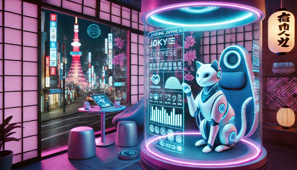 A cyberpunk-inspired Japanese study pod in Tokyo with a robotic cat companion. The room features holographic Japanese alphabet displays, glowing neon lights, and a futuristic yet cozy learning atmosphere.