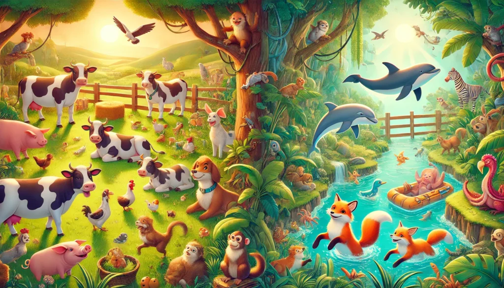 A vibrant cartoon-style illustration showcasing different animals with their Japanese names. The scene includes a farm with cows and rabbits, a jungle with monkeys and foxes, and an ocean with dolphins and octopuses, creating an engaging and educational visual.