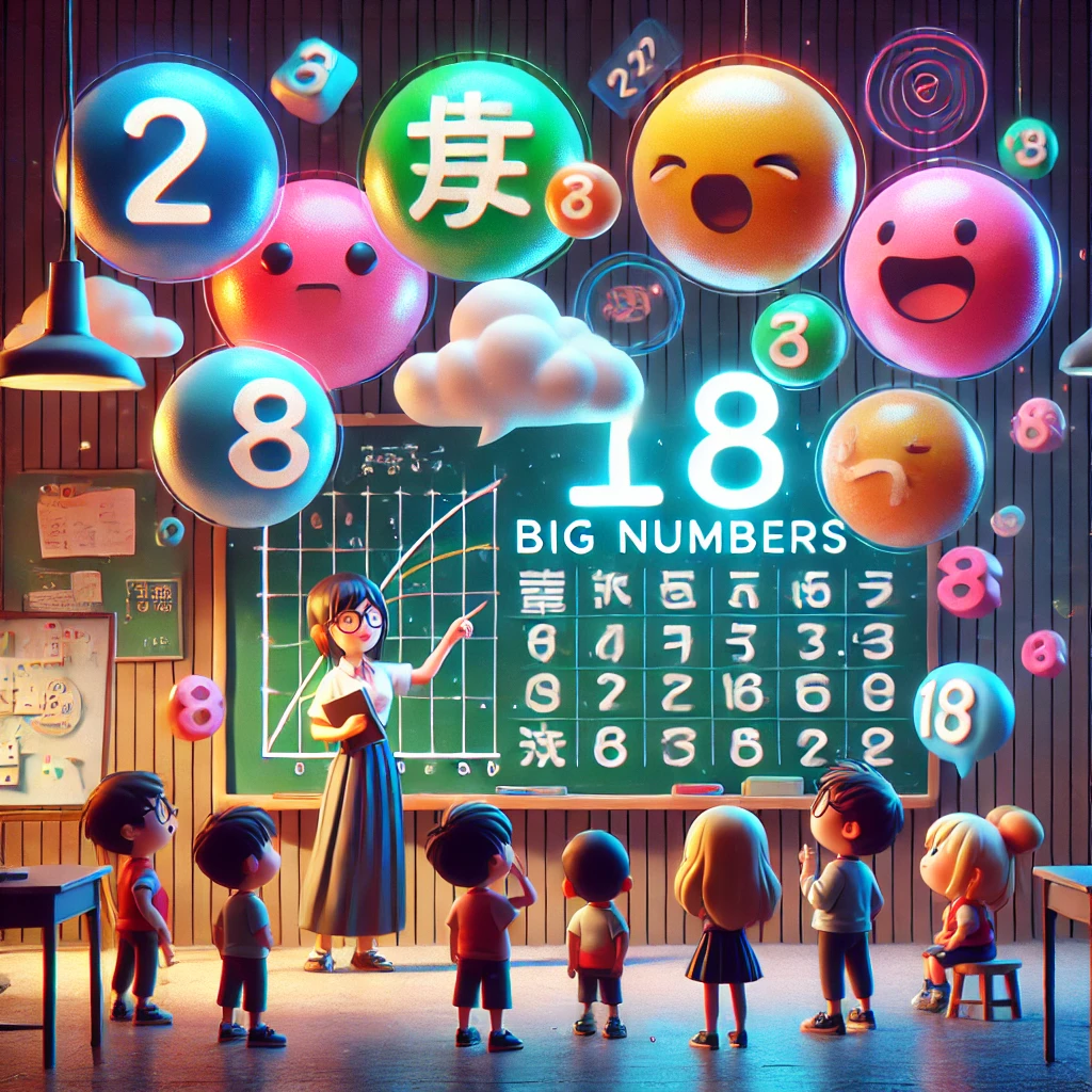 A detailed illustration of big numbers in Japanese, featuring a blackboard with kanji and romaji readings. Cartoon students and a teacher react with excitement, while floating neon-lit number bubbles showcase important numerical units