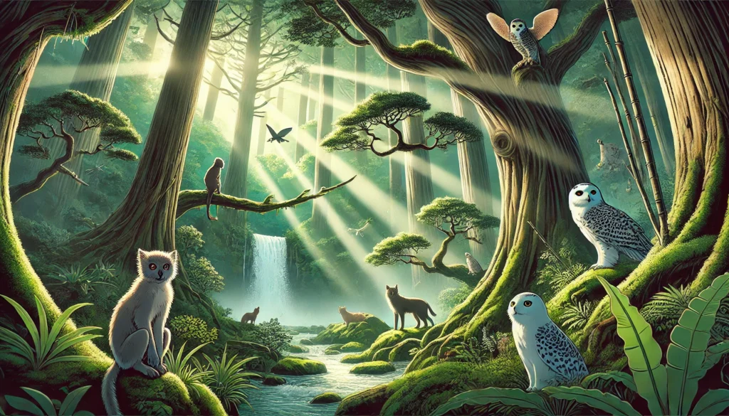 A beautifully illustrated Japanese forest filled with rare wildlife, including a Japanese macaque, Blakiston’s fish owl, and an Iriomote cat, surrounded by towering cedar trees and a serene waterfall, capturing Japan’s rich biodiversity.