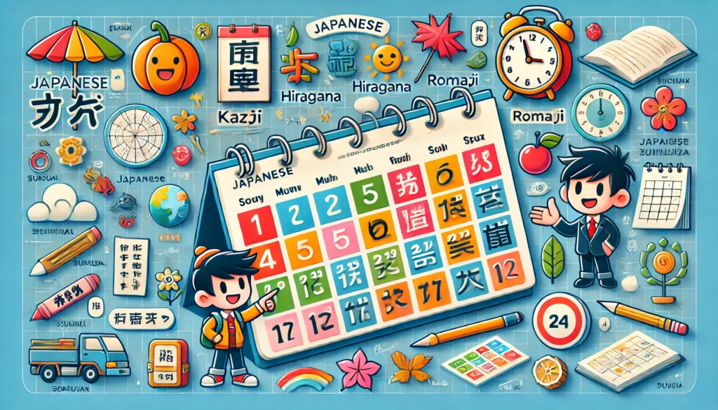 A visually engaging infographic of Japanese dates of the month, featuring a calendar with kanji, hiragana, and romaji. Cartoon-style elements like a clock, seasonal icons, and an animated character pointing to key dates enhance the educational experience.