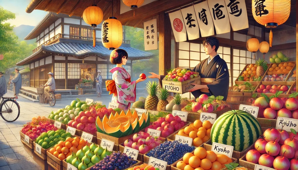 A vibrant Japanese fruit market featuring Yubari melons, Fuji apples, and Kyoho grapes, with a vendor in a kimono offering a beautifully wrapped fruit gift box. Perfect for learning Japanese fruits vocabulary.