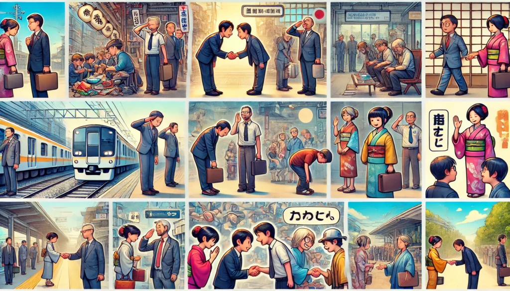 A lively cartoon-style illustration of Japanese greetings in different contexts. Characters bow, shake hands, and wave in business settings, friendly meetups, and morning greetings at a train station. The scene is warm and inviting with soft, natural lighting.