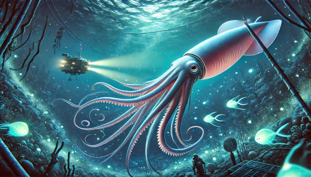 A colossal giant squid moves through Japan’s deep ocean, its tentacles curling in the dark abyss. Glowing bioluminescent creatures float nearby, casting an eerie light, while a deep-sea submersible observes this stunning marine scene.