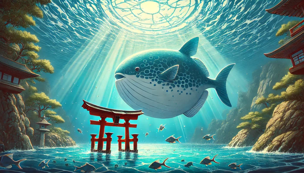 A stunning anime-style depiction of a Japanese mola mola (ocean sunfish) swimming near a sunken torii gate. The deep blue ocean, sunlight filtering through the water, and tiny fish surrounding the mola mola create a peaceful underwater atmosphere.