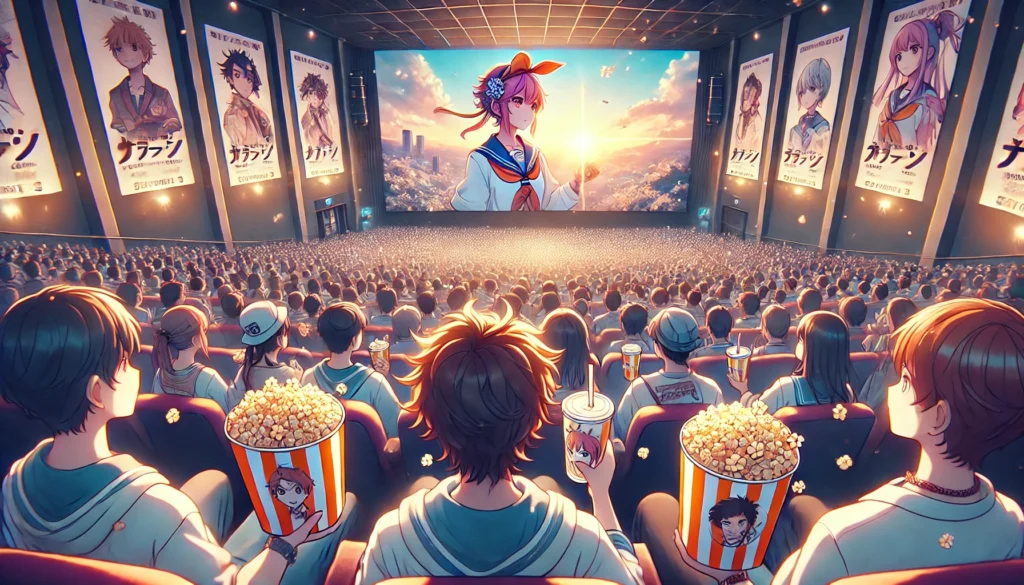 A packed Japanese movie theater showing a popular anime release. Fans in themed outfits hold collectible popcorn buckets and drinks, while the screen lights up for the premiere. The scene captures the excitement and cultural experience of watching movies in Japan.