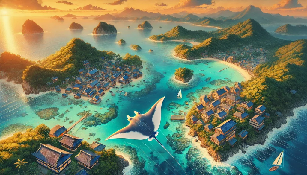 A stunning aerial illustration of Japan’s Nansei Islands, showcasing vibrant blue waters, coral reefs, and a gracefully swimming manta ray. Traditional Ryūkyū-style houses are nestled along the lush green coastline, with a warm golden sunset adding a magical ambiance.