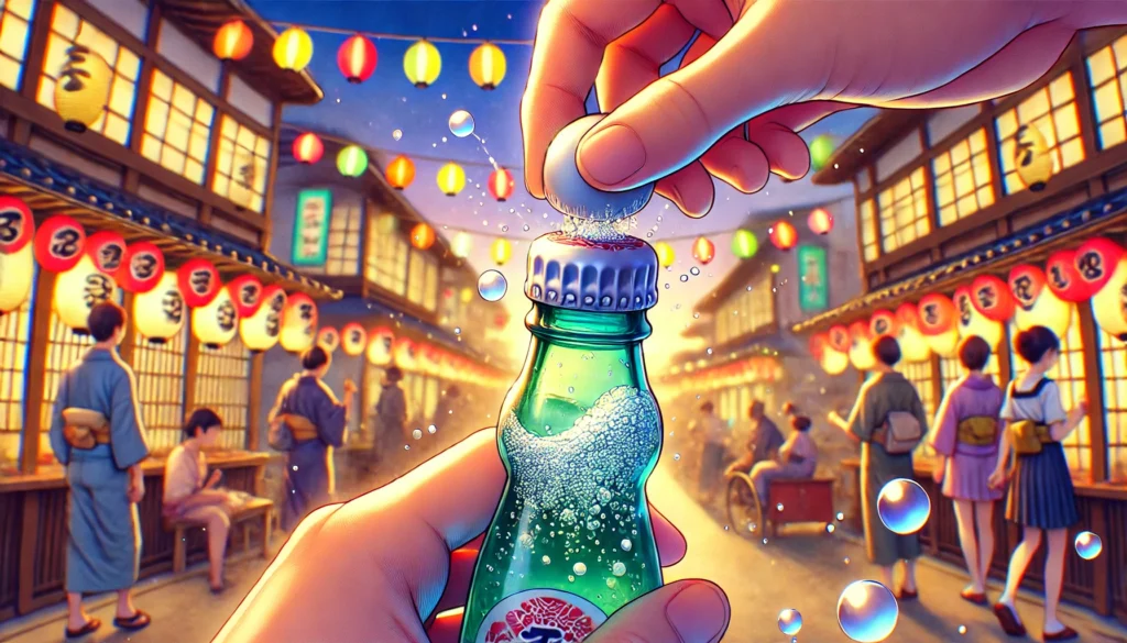 A close-up of hands opening a Ramune bottle at a lively Japanese festival, with bubbles rising as the marble drops. Glowing lanterns and festival booths create a nostalgic summer atmosphere, reflecting the cultural charm of Japan.