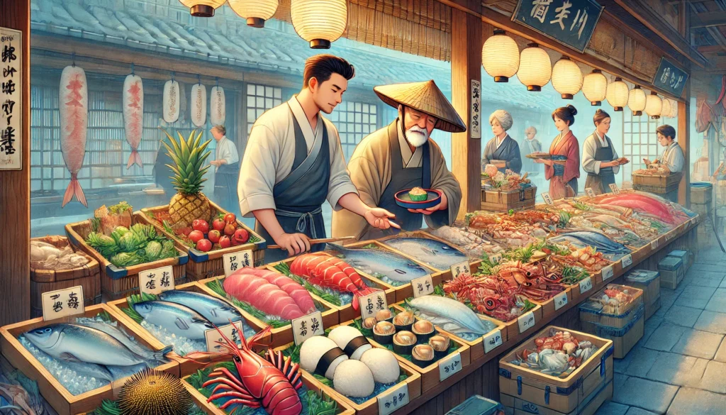 A beautifully detailed seafood market scene in Japan, featuring fresh tuna, shrimp, scallops, and sea urchins. A sushi chef in traditional attire selects premium seafood while a fishmonger proudly displays a rare delicacy in a vibrant and authentic setting.