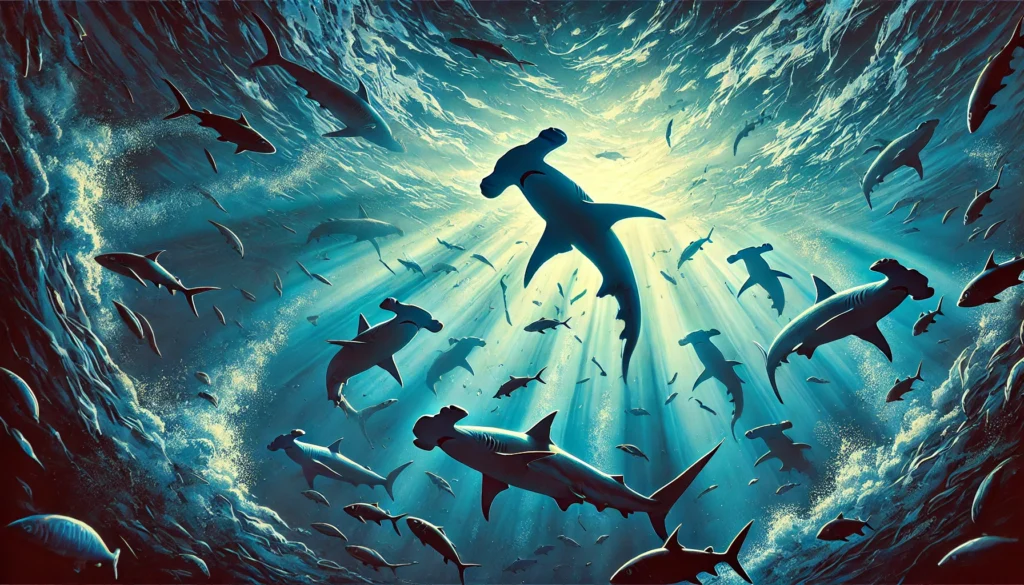 A breathtaking underwater scene featuring a school of hammerhead sharks swimming through deep blue currents. Sunlight beams through the ocean surface, illuminating the sharks and surrounding marine life in a visually captivating composition.