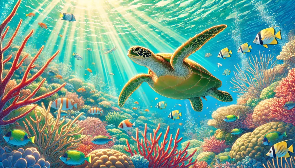 A serene underwater scene of a green sea turtle swimming among colorful coral reefs, surrounded by tropical fish and rays of sunlight penetrating the crystal-clear ocean.