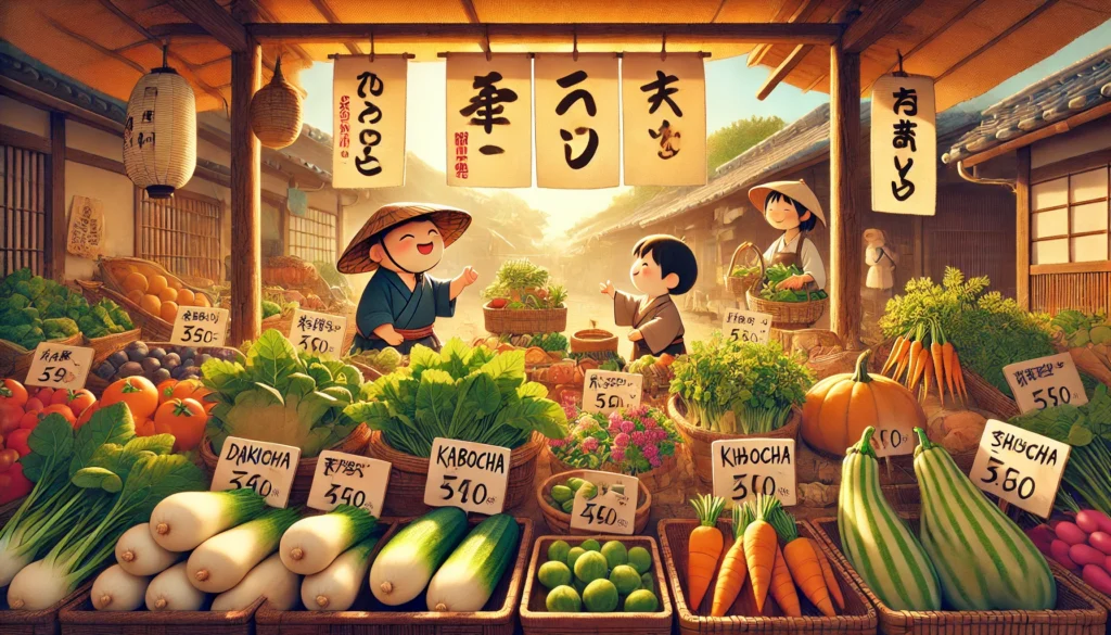 Illustrated Japanese vegetable market with fresh produce like daikon radish, kabocha pumpkin, and shiso leaves. A friendly vendor and curious shopper interact under traditional fabric banners, with handwritten kanji and hiragana signs labeling the vegetables. Warm sunlight enhances the inviting atmosphere.