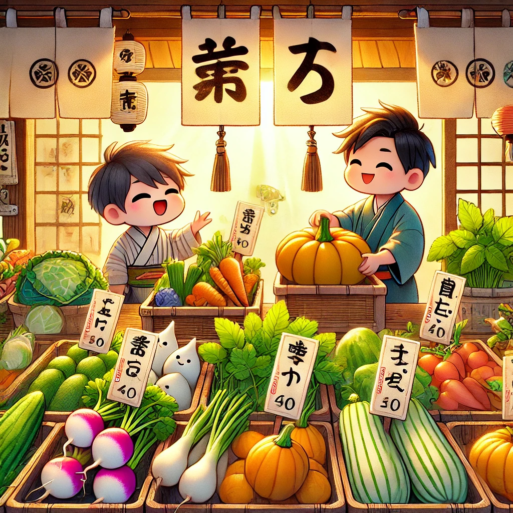 A happy Japanese vegetable market with a lot of colors.