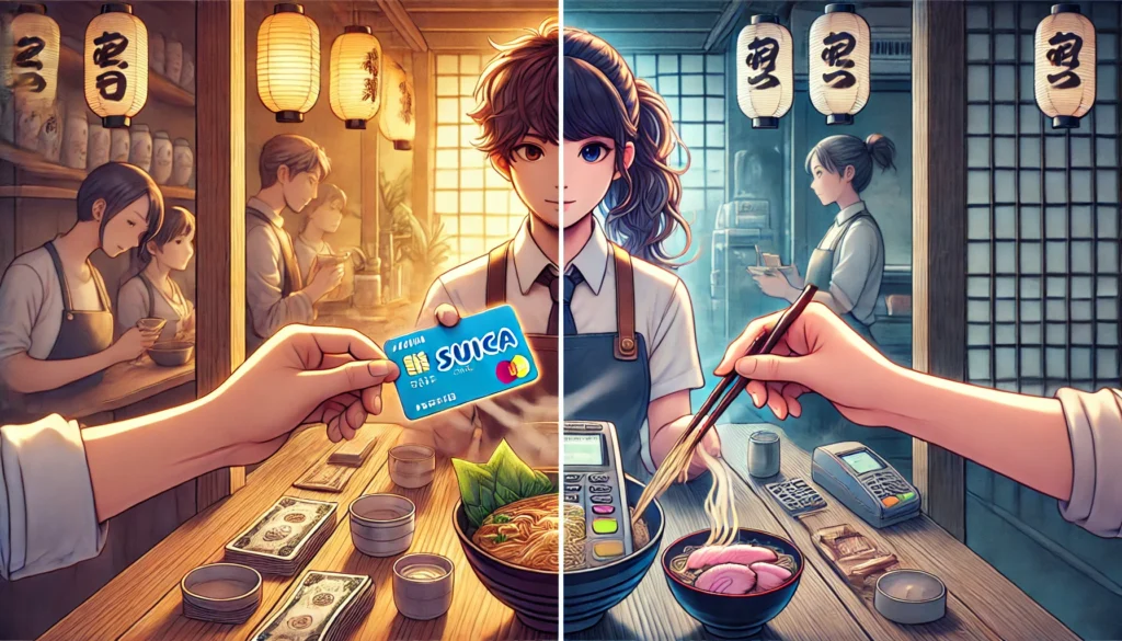 A split-screen view of a ramen shop in Japan, where a customer pays with Japanese yen banknotes on one side and a Suica card on the other. The image symbolizes the transition from traditional to digital payments in Japan.