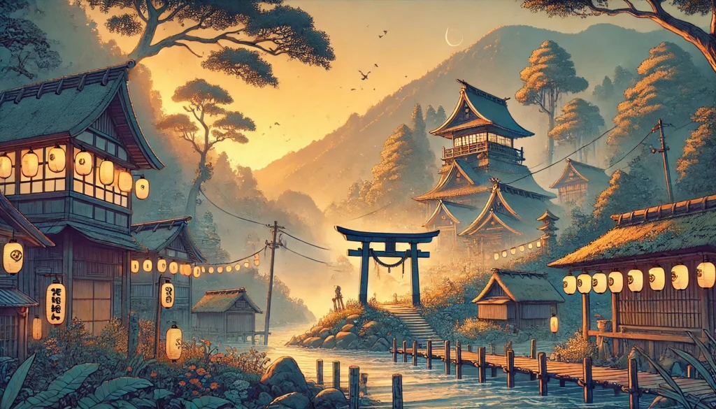 A mesmerizing scene of one of Japan’s least populated prefectures, with misty mountains, a quiet coastal village, traditional wooden houses, a torii gate, and an ancient forest glowing in golden sunset light. A peaceful and timeless landscape.