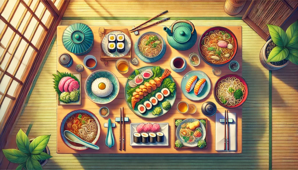 A colorful Japanese feast featuring sushi, ramen, tempura, and onigiri, offering a visual way to learn Japanese food.