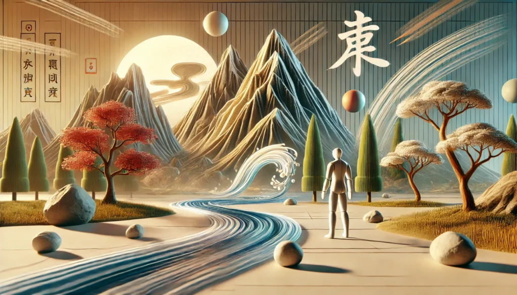 A vibrant illustration of Japanese kanji basics, displaying characters for mountain, person, water, and tree on wooden plaques and digital screens. The background harmonizes traditional calligraphy with modern digital learning elements, creating an immersive educational scene.