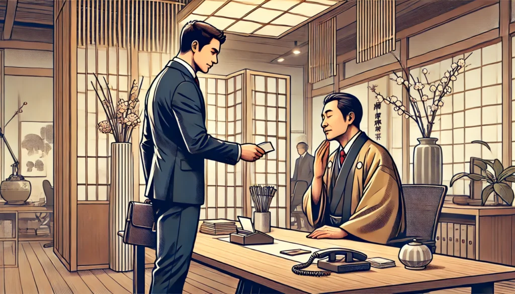 A foreign professional exchanges business cards (meishi) with a Japanese executive in a professional office setting, illustrating how to learn Japanese online for business purposes.