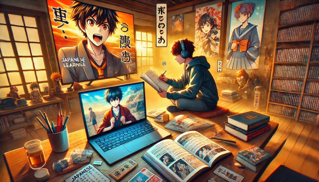 A young learner watches anime on a laptop, taking notes in a Japanese study notebook, surrounded by floating manga panels—a fun way to learn Japanese online through anime and manga.