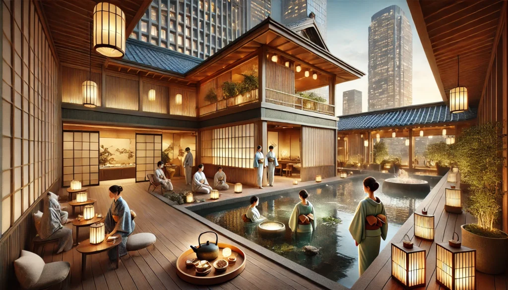 A serene Japanese spa in Osaka, showcasing an elegant open-air onsen with city skyline views, wooden architecture, soft lantern lighting, and guests in yukata enjoying a peaceful retreat.