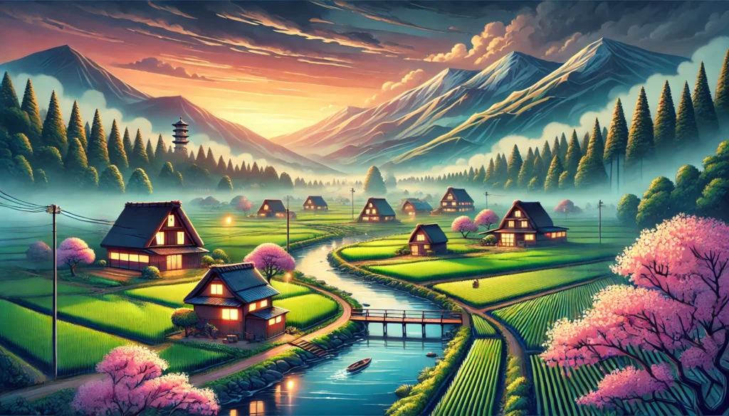 A breathtaking illustration of a Japanese countryside village with traditional thatched-roof houses, misty mountains, rice fields, and a peaceful river. Cherry blossoms fall gently, enhancing the serene and picturesque atmosphere.