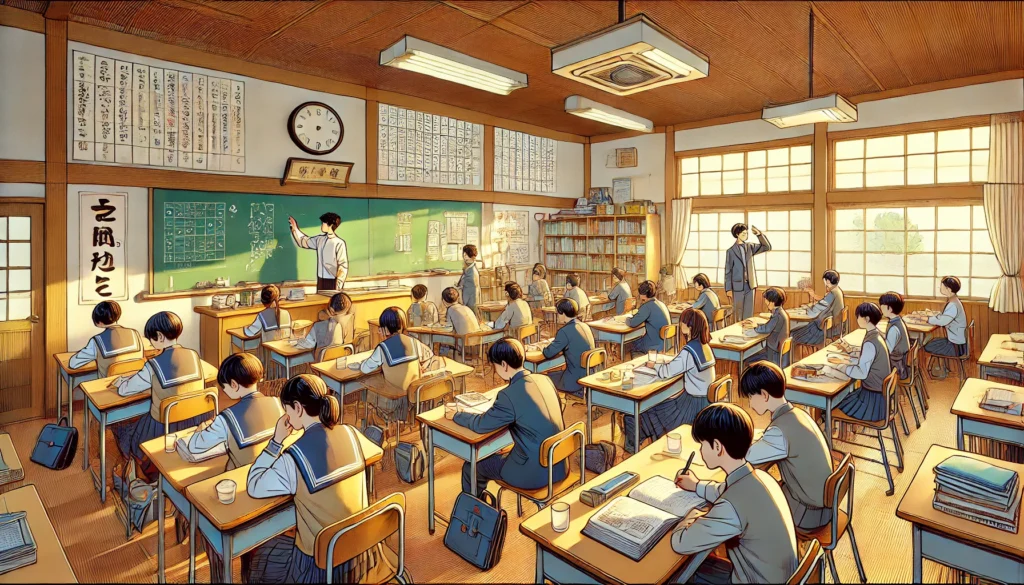 An interactive illustration of a Japanese school classroom, where students perform different actions representing the most common Japanese verbs. A dynamic and engaging way to visualize essential vocabulary.