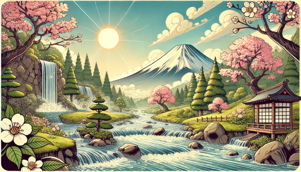 A vibrant digital illustration of a peaceful Japanese landscape with Mount Fuji, a winding river, and cherry blossoms in full bloom, capturing the beauty of nature in Japan.