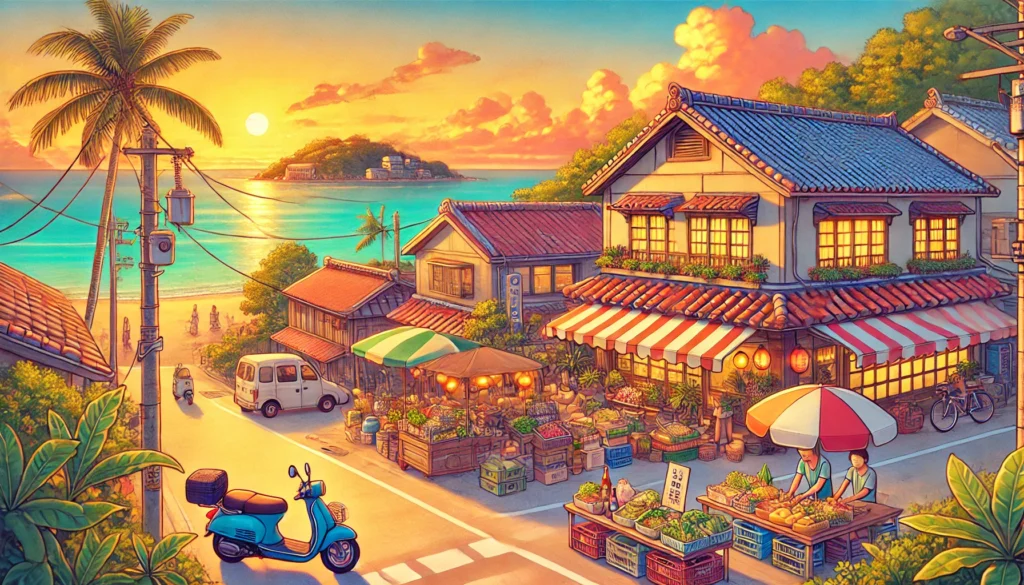 A tropical Okinawan beach at sunset with Ryukyu-style houses, a market, and a scooter by the roadside, illustrating the Okinawa cost of living.