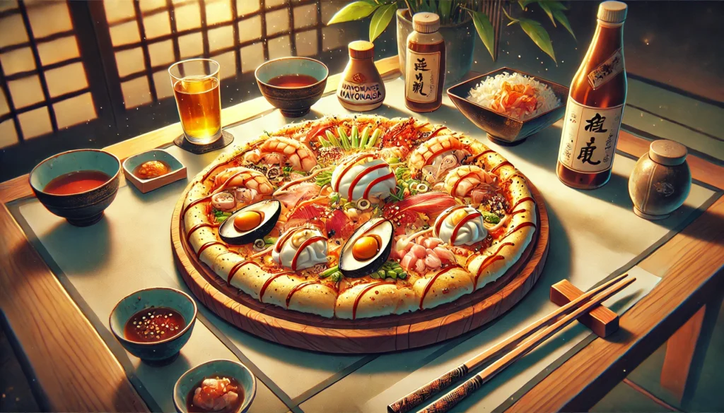 A Japanese-style pizza with unique toppings like seafood, mayonnaise, and teriyaki chicken, plated on a wooden table. Chopsticks rest beside it, capturing the fusion of Japanese and Western flavors in a cozy dining setting.