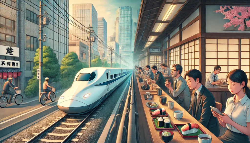 A split-image illustrating the advantages and disadvantages of living in Japan, showing a peaceful Tokyo street and high-speed train on one side, and a crowded commute with overworked salarymen on the other.