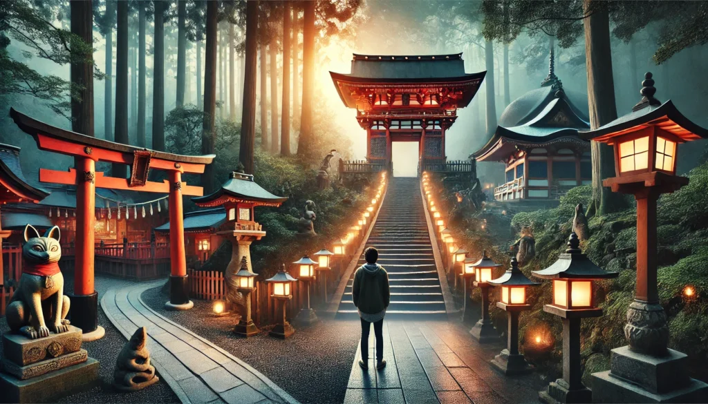 A visually striking split-image of a Japanese temple and shrine, highlighting their architectural and spiritual differences. The left side features a serene forest shrine beyond a red torii gate, while the right presents a towering temple atop an illuminated stone staircase. A traveler stands in the center, symbolizing the choice between Shinto and Buddhist traditions.