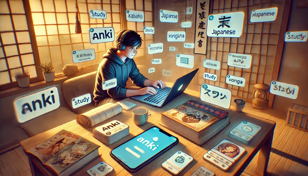 A focused learner using Anki on a laptop, surrounded by floating flashcards with Japanese kanji, hiragana, and vocabulary, illustrating how to setup Anki to learn Japanese.