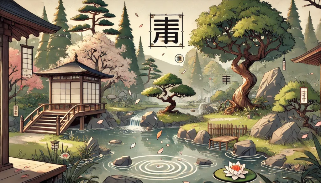 A tranquil Japanese garden where trees and nature subtly form kanji characters, illustrating tips for memorizing Japanese kanji characters effectively.