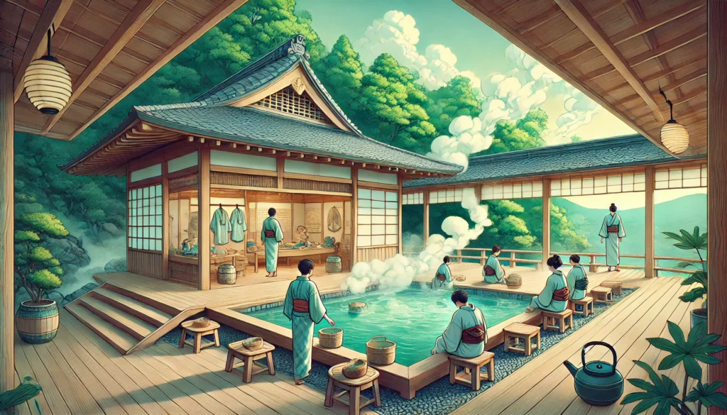 A tranquil Japanese bathhouse with a steaming outdoor onsen, wooden architecture, and guests in yukata enjoying a relaxing post-bath experience in a tatami lounge.