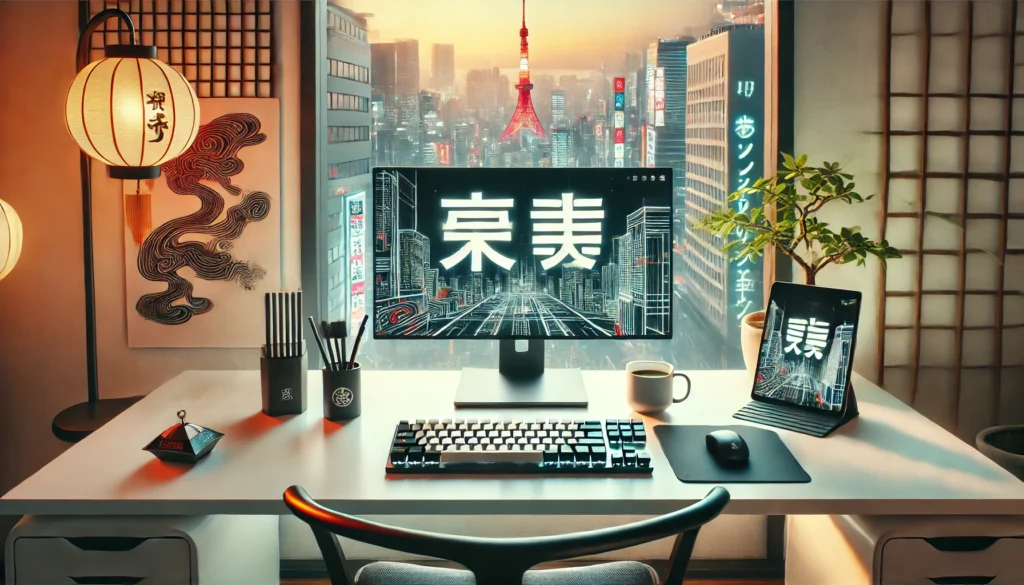 A vibrant digital illustration of a modern Japanese workspace, showcasing a person typing Japanese characters on a laptop with a Japanese keyboard, surrounded by a minimalist and tech-savvy environment.