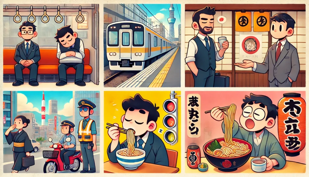 A vibrant cartoon-style illustration showcasing Japan’s strangest customs. Scenes include a businessman sleeping on a train, a person declining a gift, someone slurping ramen, and a traffic controller bowing, capturing unique Japanese traditions in an engaging way.