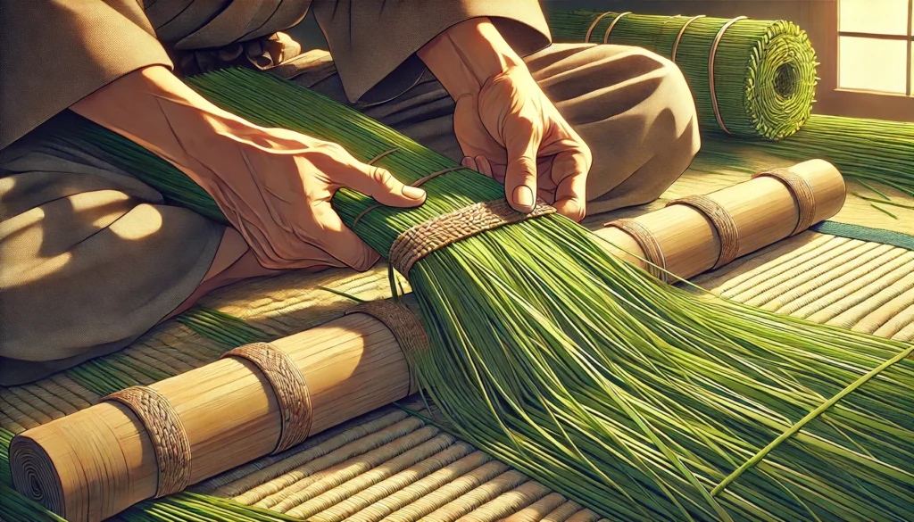 A detailed illustration of Japanese artisans weaving a tatami mat, aligning fresh igusa rush grass with precision. The image captures the craftsmanship, texture of the grass, and smooth fabric border, reflecting Japan’s traditional flooring heritage.