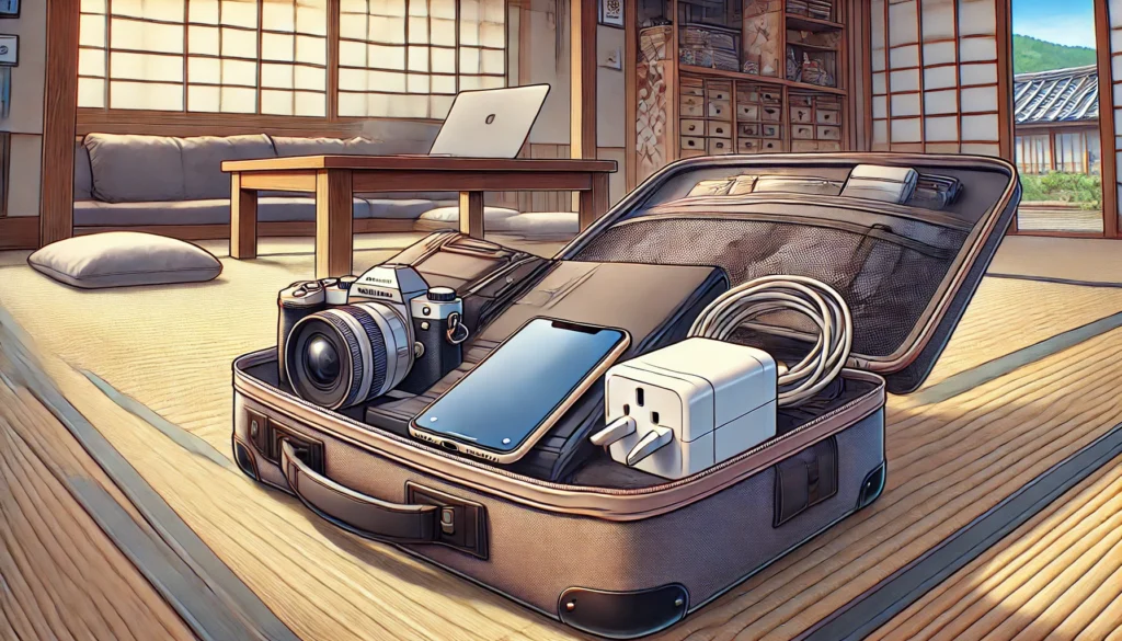 A well-organized suitcase with essential travel electronics, including a smartphone, laptop, and universal plug adapter, set against a traditional Japanese room with tatami flooring. The scene captures the contrast between modern gadgets and Japan’s cultural heritage.