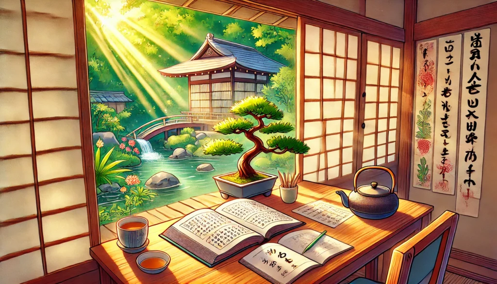 A beautifully illustrated Japanese study desk with an open textbook, a tea cup, and a bonsai tree, set against a traditional Japanese garden view through shoji screens. Sunlight adds a warm and tranquil ambiance, ideal for learning hiragana characters.