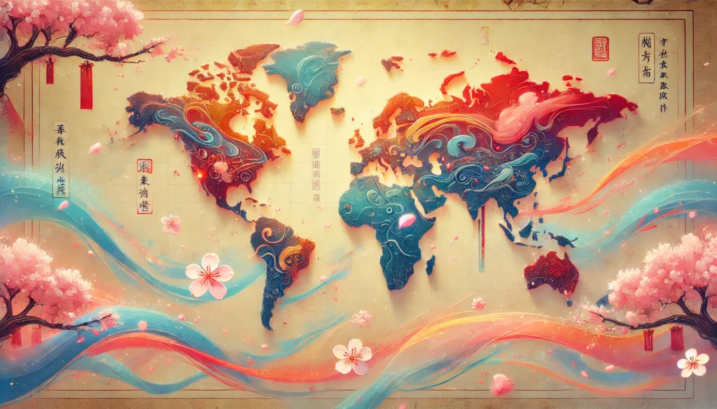 A vibrant world map representing countries in Japanese, with floating calligraphy strokes forming country shapes over an ancient parchment background.