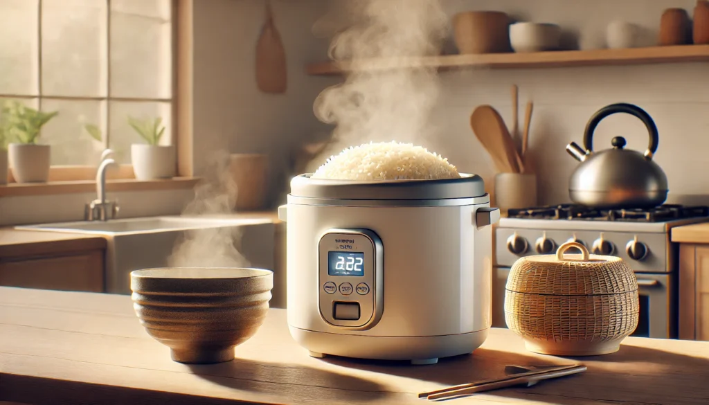 A Japanese rice cooker steaming fresh rice on a wooden countertop, with a ceramic bowl beside it. The setting is a warm, minimalist kitchen, reflecting traditional and modern elements.