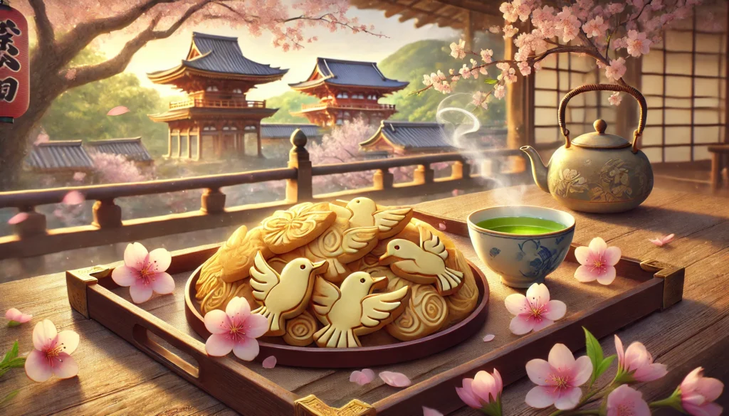 A detailed illustration of golden, dove-shaped shortbread cookies arranged on a wooden tray, with cherry blossoms and green tea nearby. A glimpse of Kamakura’s historic temples completes the serene and traditional Japanese aesthetic.