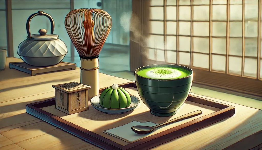 A cozy matcha café in Tokyo with a steaming cup of the best matcha, a bamboo whisk, and a delicate wagashi sweet on a wooden tray.
